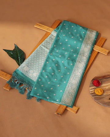 Semi Banarasi Silk Saree with Floral Butta Motifs Floral Zari Border and Elaborate Floral Zari Pallu - Teal