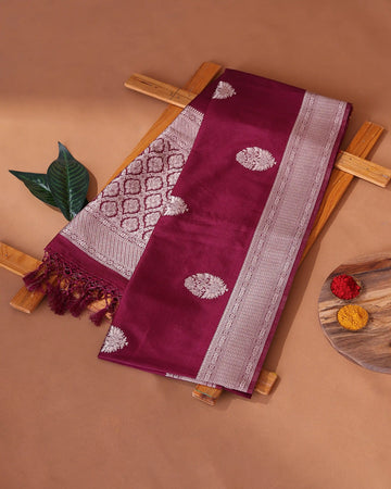 Semi Banarasi Silk Saree with Intricate Floral Buta Motifs and Woven Zari Brocade Border & Pallu - Wine