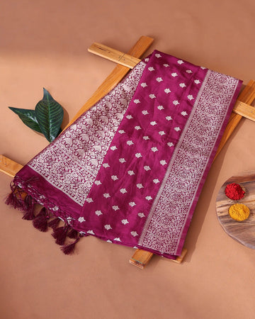 Semi Banarasi Silk Saree with Intricate Floral Butti Motifs and Elaborate Zari Woven Border & Pallu - Burgundy