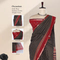 Black Semi Chanderi Saree with Butti Print and Red Zari Border on Mannequin - Front View