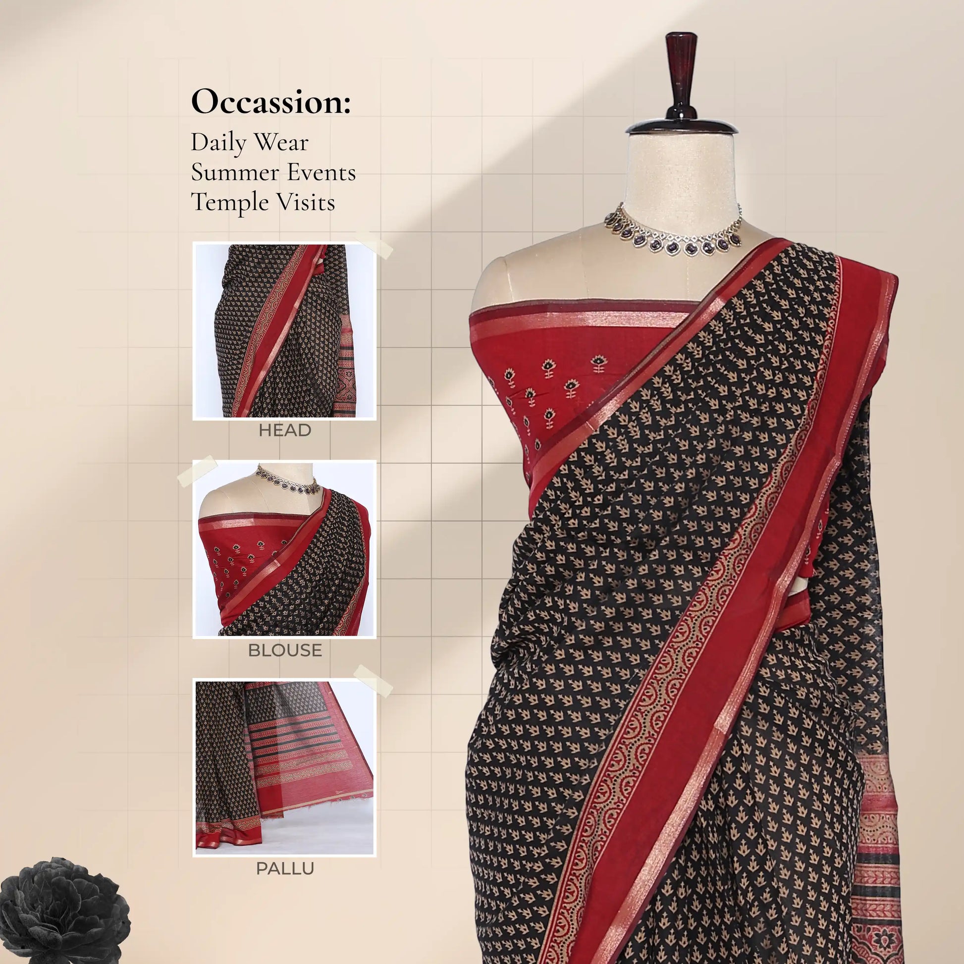 Black Semi Chanderi Saree with Butti Print and Red Zari Border on Mannequin - Front View