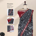 Black Semi Chanderi Saree with Floral Vine Print and Red Zari Border on Mannequin – Front View