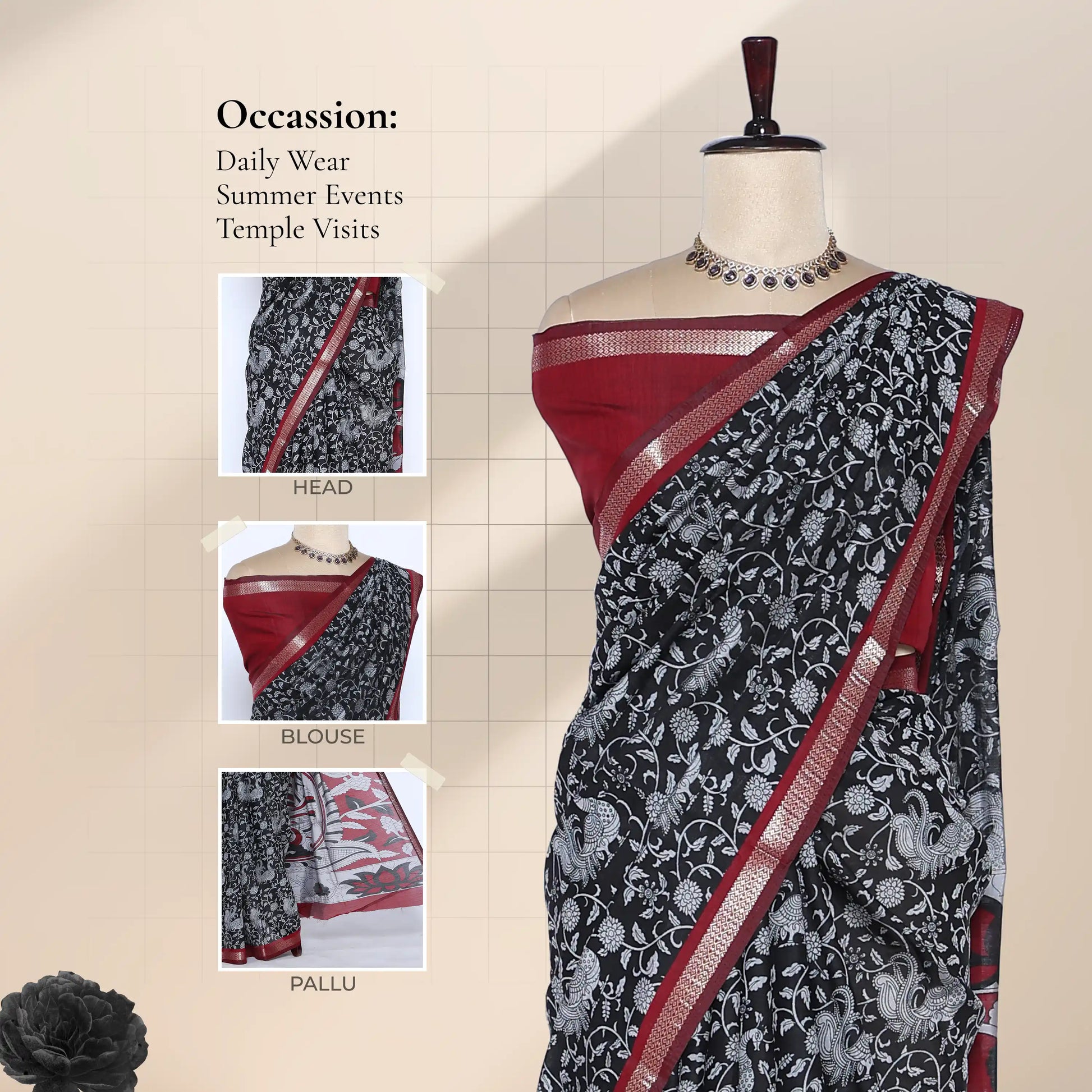 Black Semi Chanderi Saree with Floral Vine Print and Red Zari Border on Mannequin – Front View