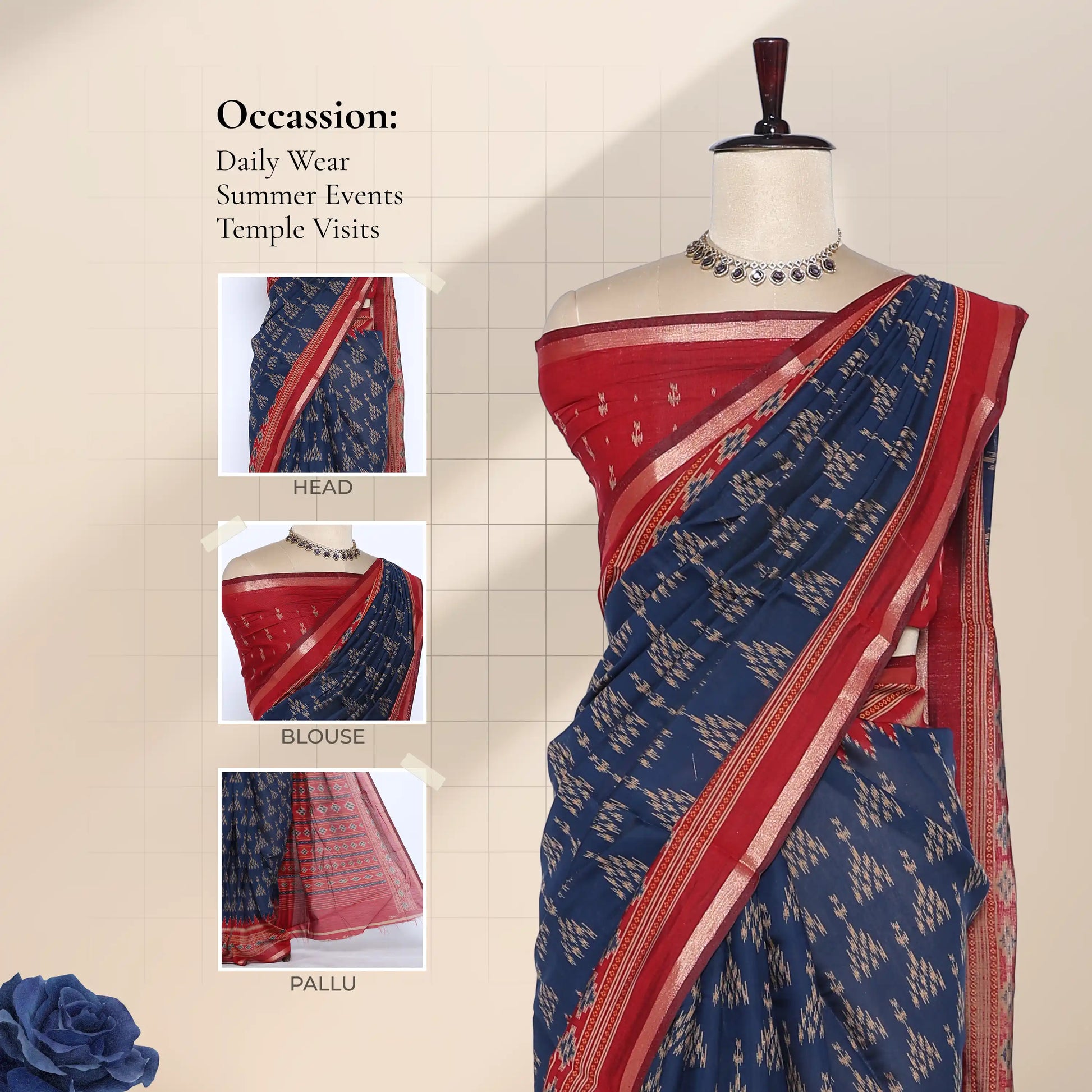 Semi Chanderi saree with woven buta pattern and broad zari border in navy blue and red front view on mannequin