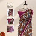 Semi Chanderi saree with large floral print brown body and magenta zari border front view on mannequin
