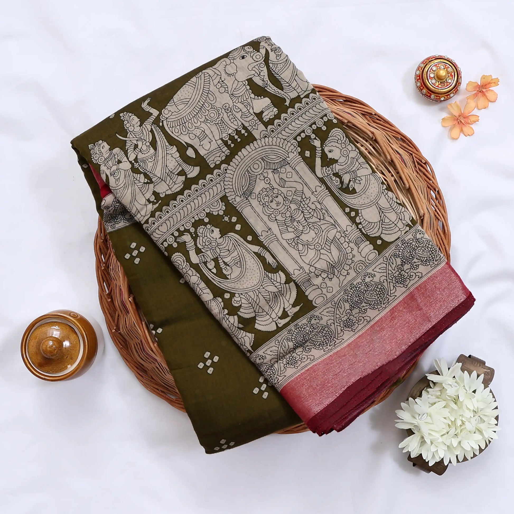 Semi Chanderi Saree featuring traditional temple art print and zari border in olive green - Close Up