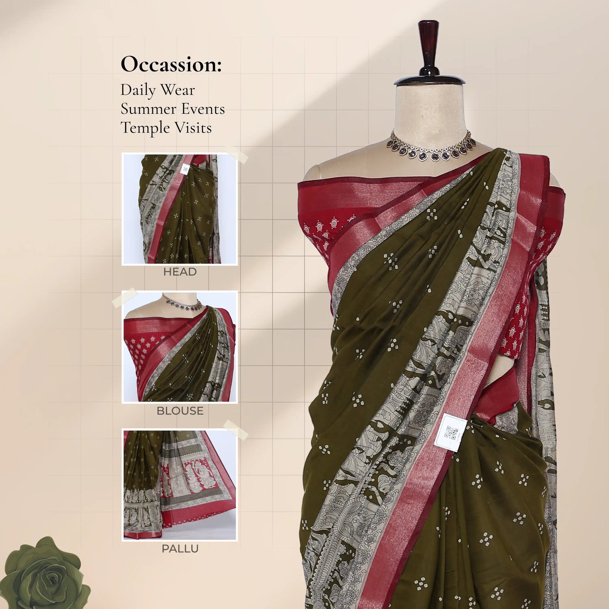Olive Green Semi Chanderi Saree with Peacock & Floral Zari Border and Traditional Temple Art Print - Front View