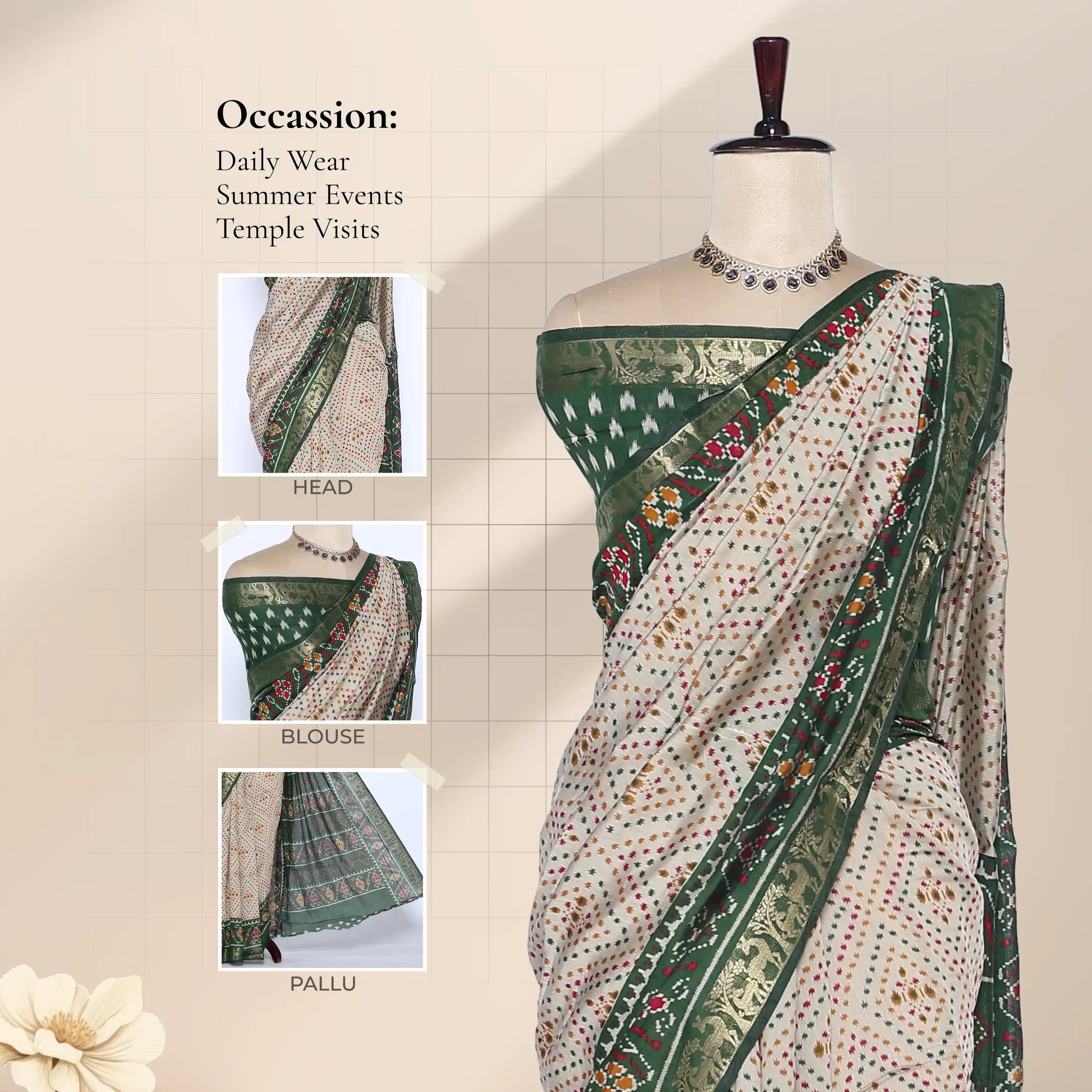 Cream Semi Chanderi Saree with Butti Print Floral Zari Border and Contrast Green Blouse on Mannequin - Front View