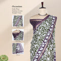 Semi Chanderi saree with white floral print purple border front view on mannequin with matching blouse
