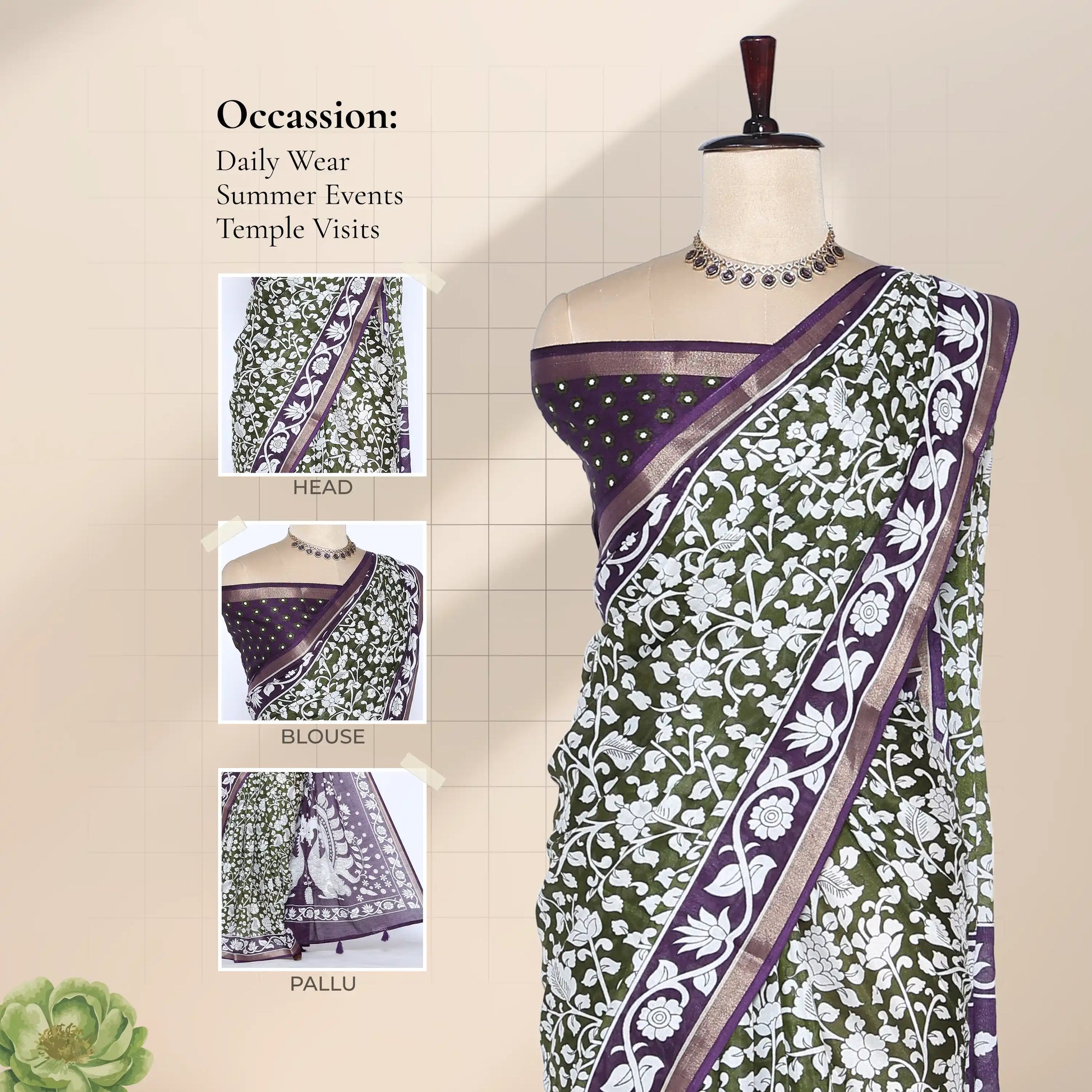 Semi Chanderi saree with white floral print purple border front view on mannequin with matching blouse