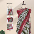 Semi Chanderi saree with green floral print and red zari border front drape view on mannequin with blouse and pallu details