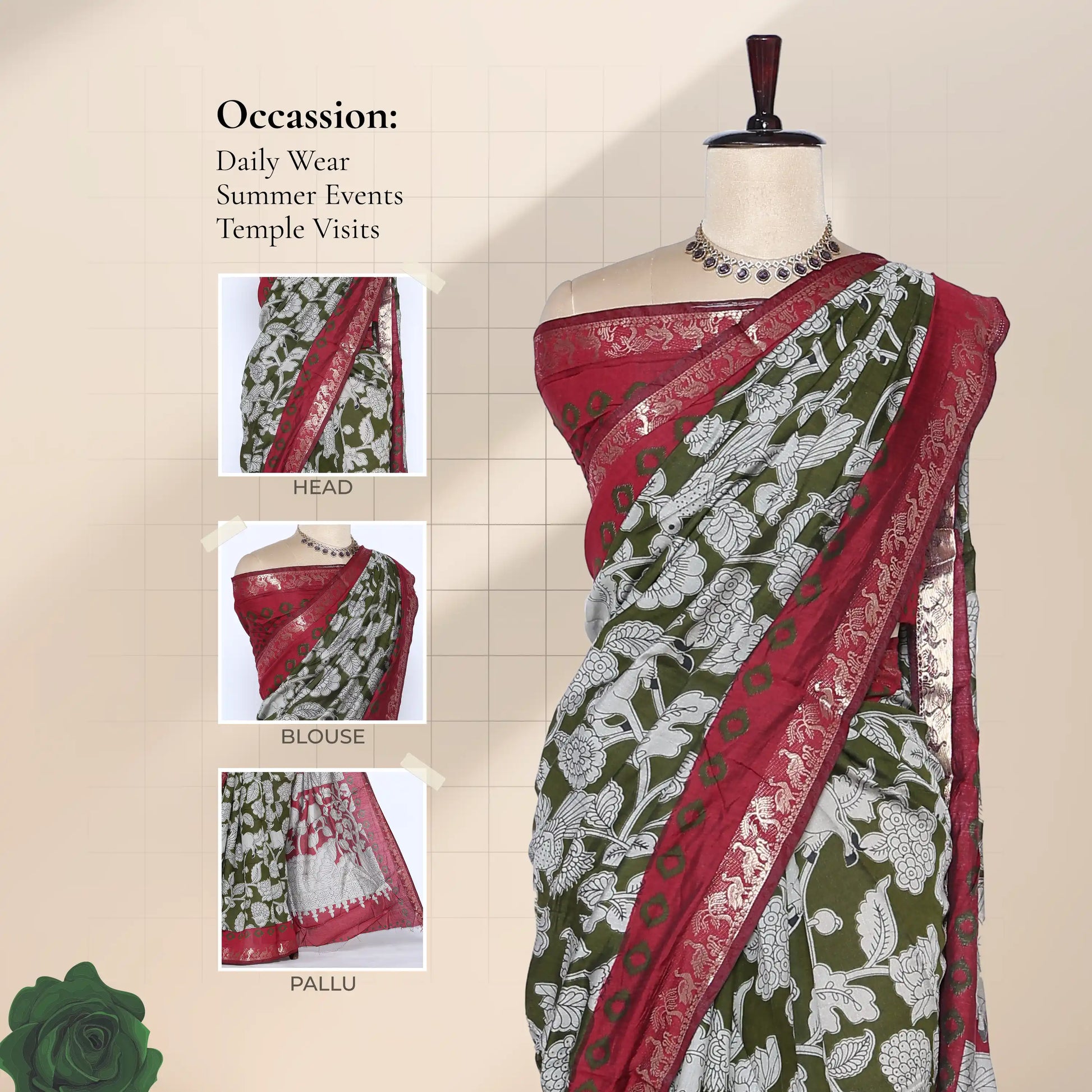 Semi Chanderi saree with green floral print and red zari border front drape view on mannequin with blouse and pallu details