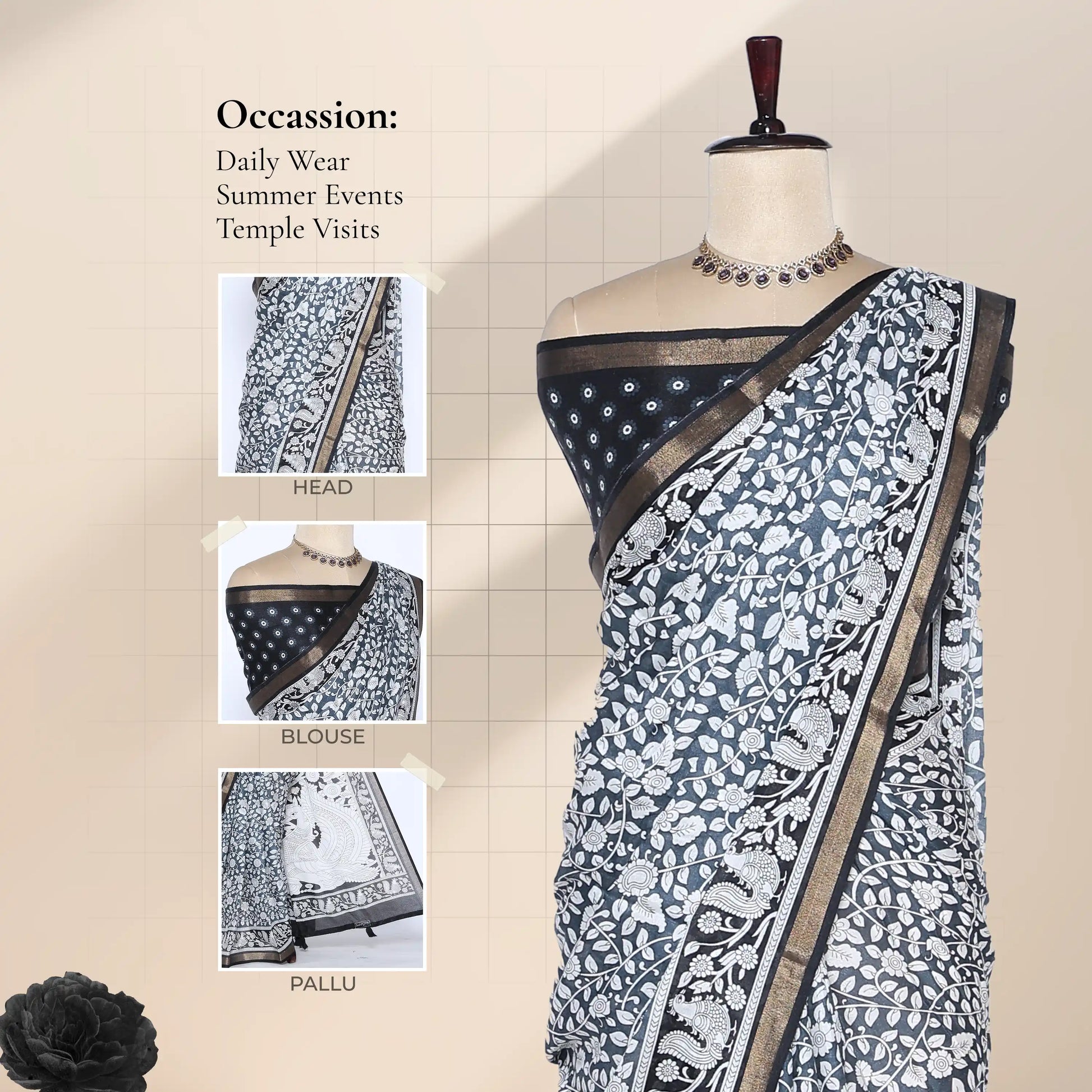 Semi Chanderi saree with floral vine print and broad zari woven border in black and white front view on mannequin