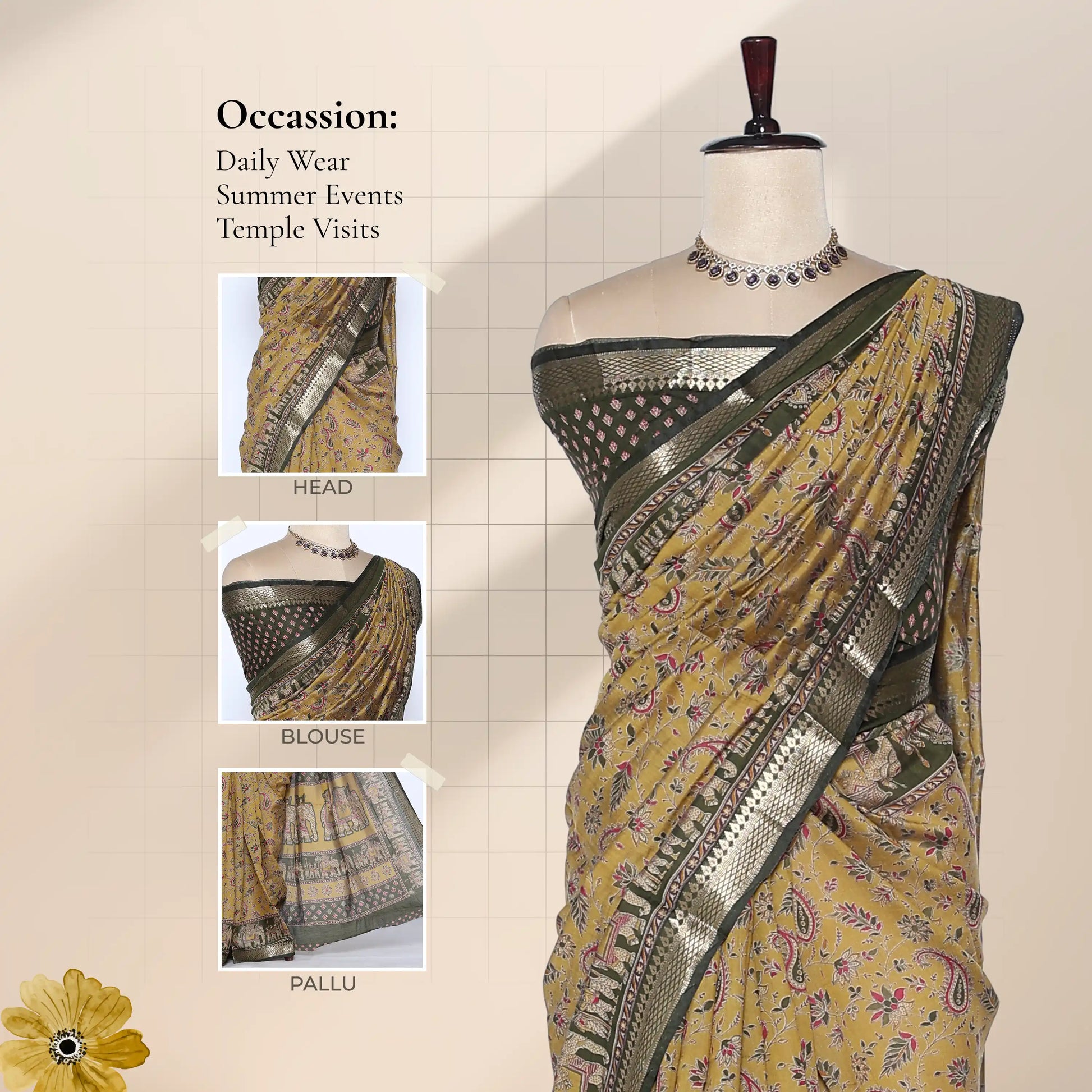 Semi Chanderi saree with gold zari border and floral print in light green front view on mannequin for daily wear