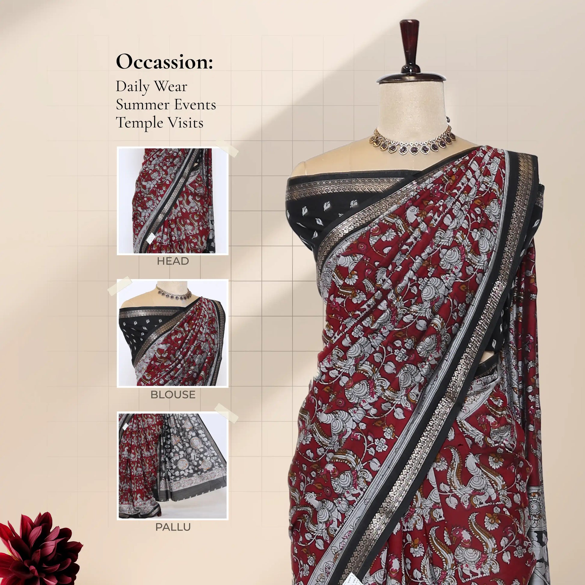 Maroon Semi Chanderi Saree with Floral Vine Print and Zari Border on Mannequin - Front View