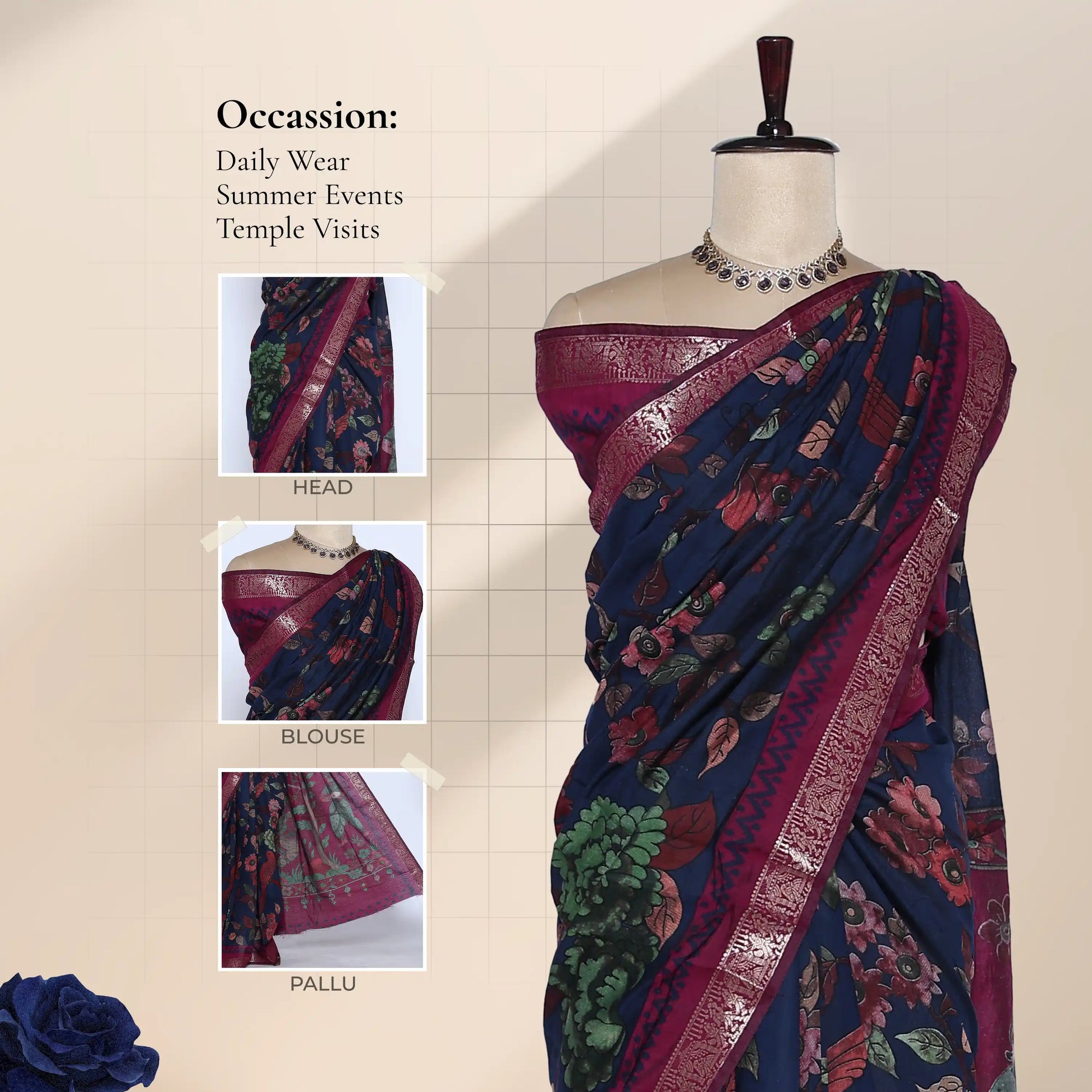 Navy Blue Semi Chanderi Saree with Floral Print and Elegant Woven Zari Border on Mannequin Front View