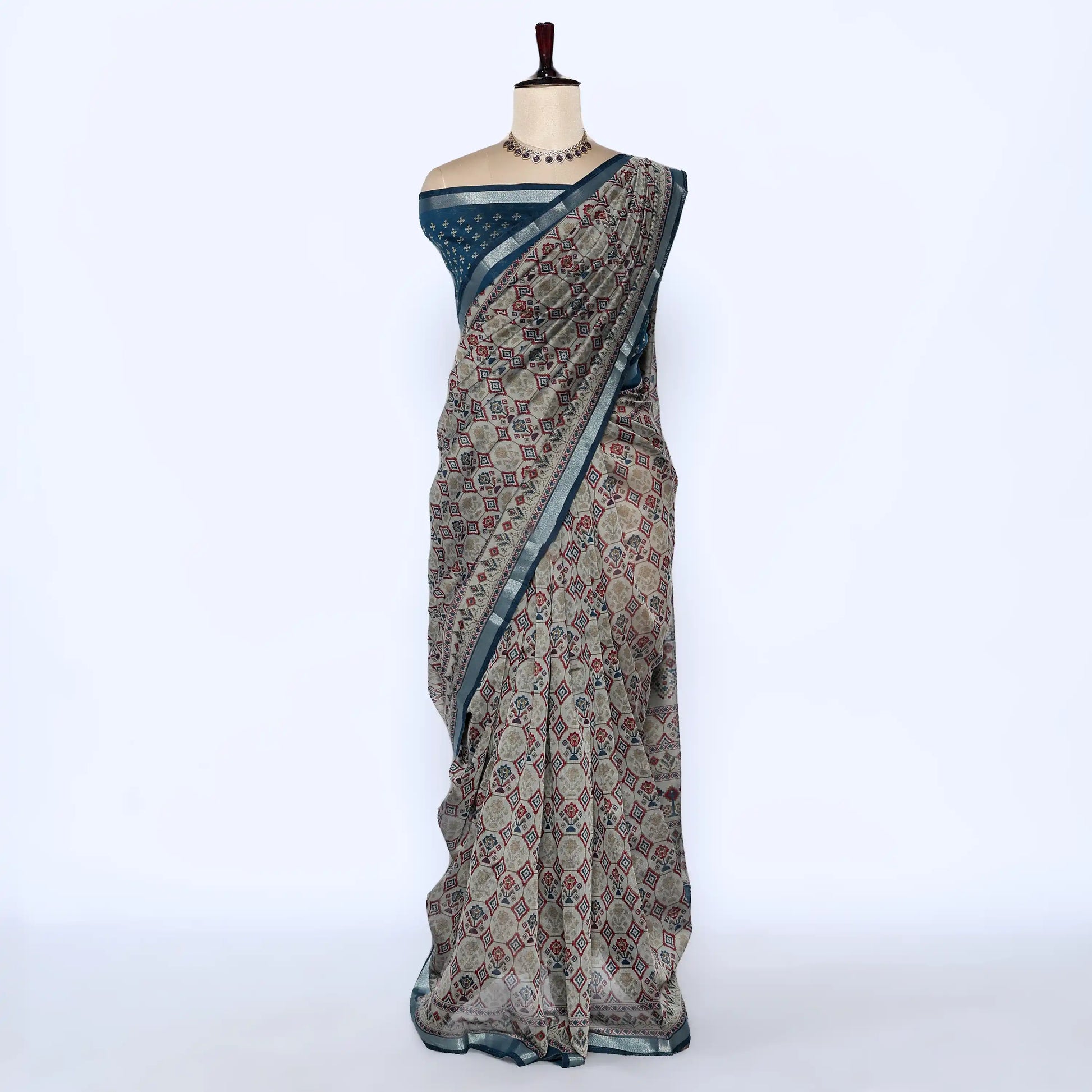 Teal Semi Chanderi Sarees for Women | Temple Visits & Summer Events Collection | Jeyachandran - Full View
