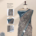 Grey Semi Chanderi Saree with Geometric Print and teal Zari Border on Mannequin - Front View