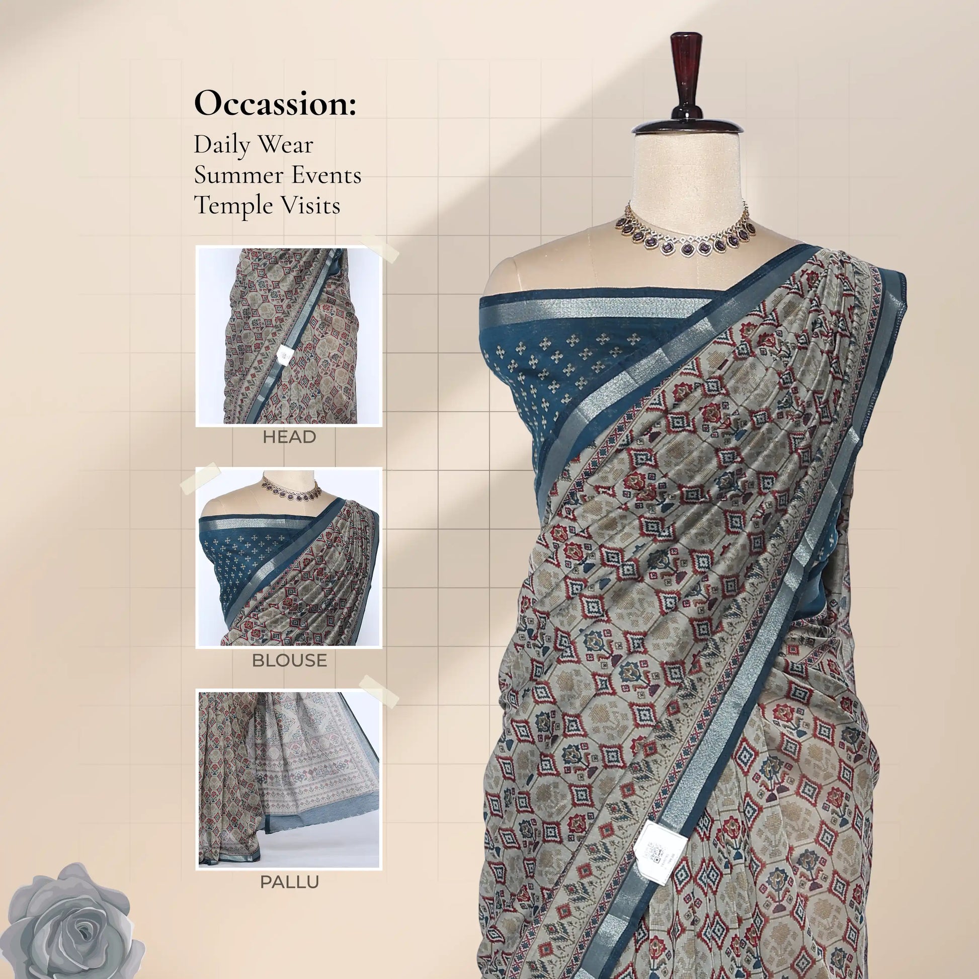 Grey Semi Chanderi Saree with Geometric Print and teal Zari Border on Mannequin - Front View