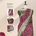 Semi Chanderi saree with floral vine print contrast zari woven border and decorative pallu front drape view on mannequin