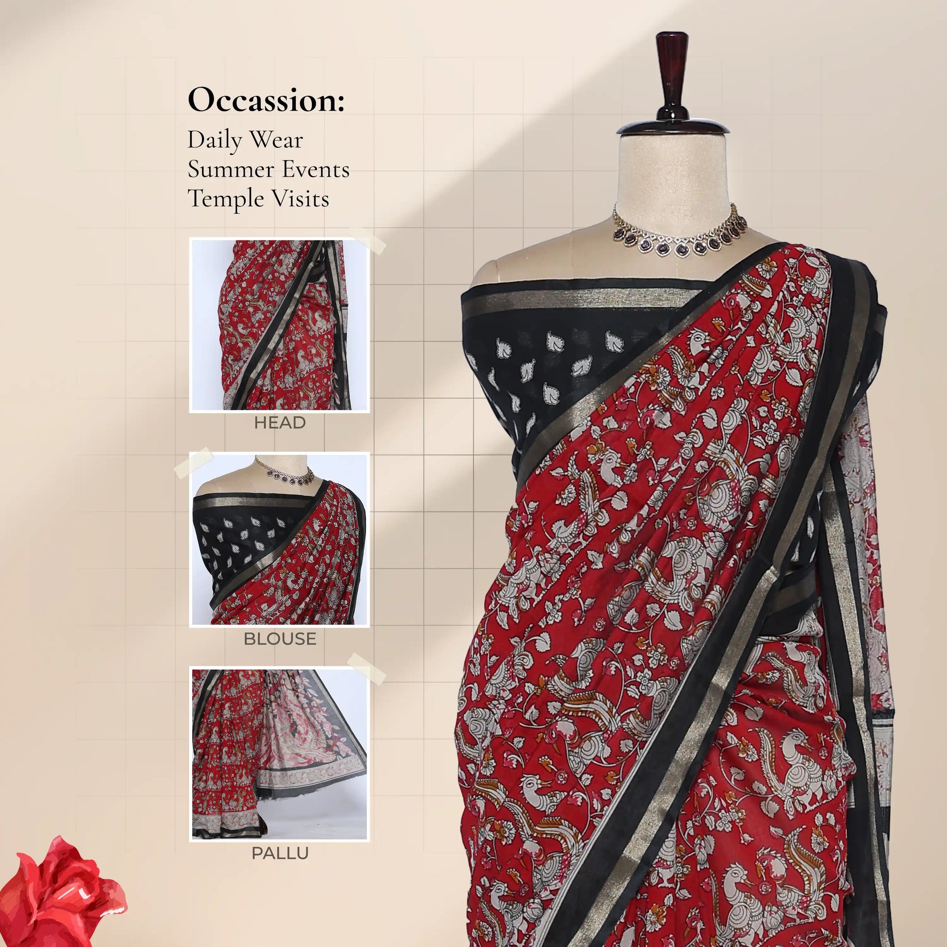 Red Semi Chanderi Saree with Floral Vine Print and Zari Border on Mannequin - Front View