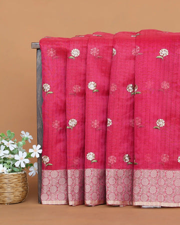 Designer Saree with Checked Body Pattern Delicate Floral Embroidery Contrast Border and Floral Pallu - Dark Pink