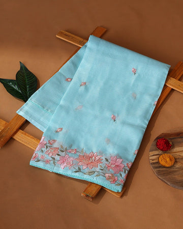 Kota Cotton Saree with Floral Embroidered Border Scattered Leaf Butti Motifs & Delicate Woven Texture - Sky Blue