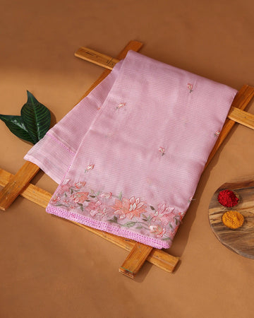 Kota Cotton Saree with Floral Embroidered Border Scattered Leaf Butti Motifs & Delicate Woven Texture - Pink