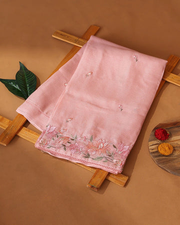Kota Cotton Saree with Floral Embroidered Border Scattered Leaf Butti Motifs & Delicate Woven Texture - Peach