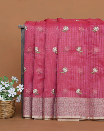 Designer Saree with Checked Body Pattern Delicate Floral Embroidery Contrast Border and Floral Pallu - Pink