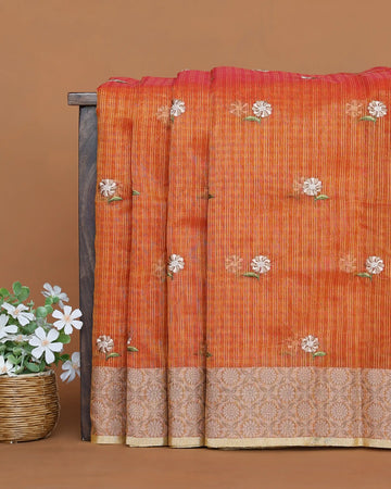 Designer Saree with Checked Body Pattern Delicate Floral Embroidery Contrast Border and Floral Pallu - Orange