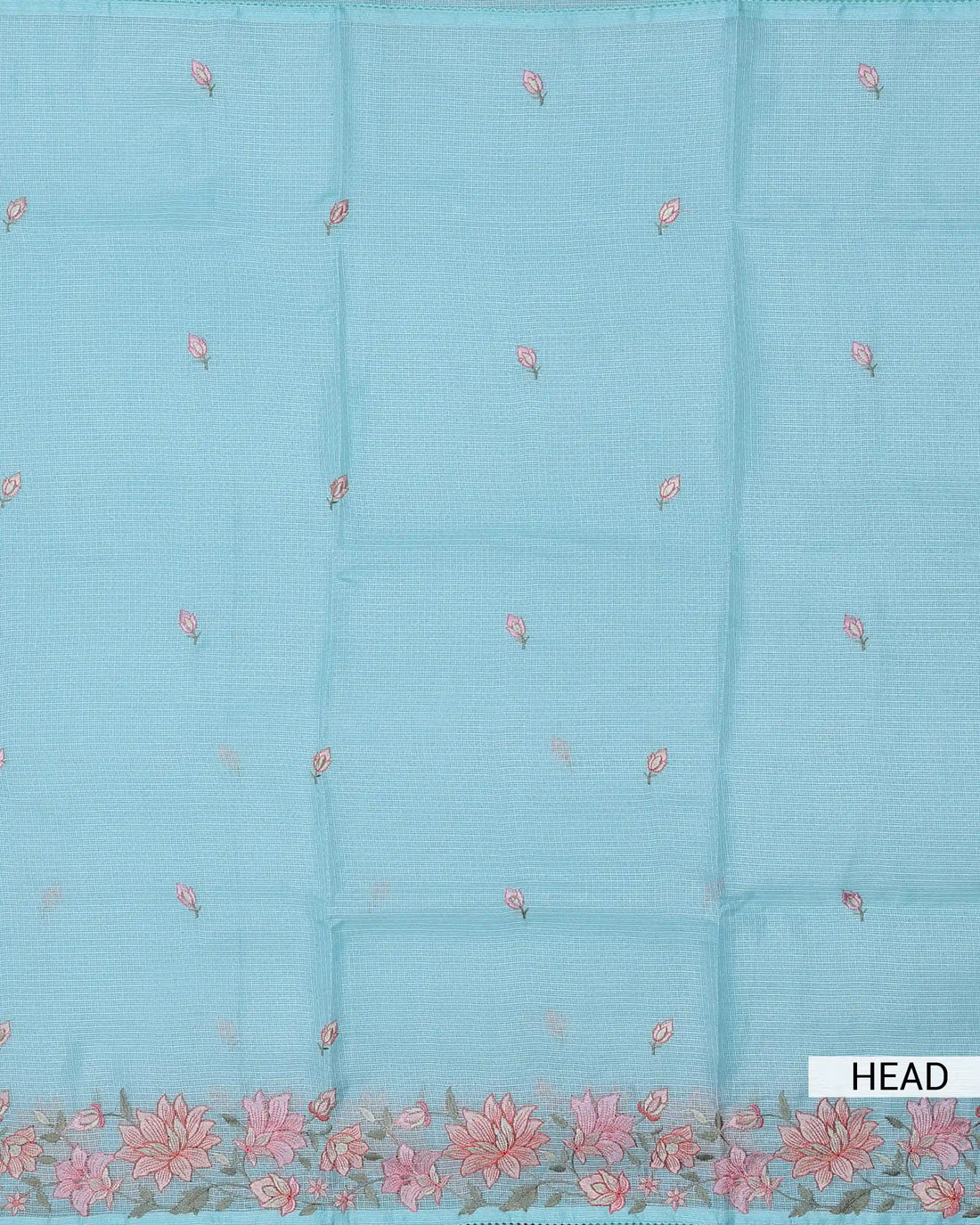 Kota Cotton Saree with Floral Embroidered Border Scattered Leaf Butti Motifs & Delicate Woven Texture - Sky Blue