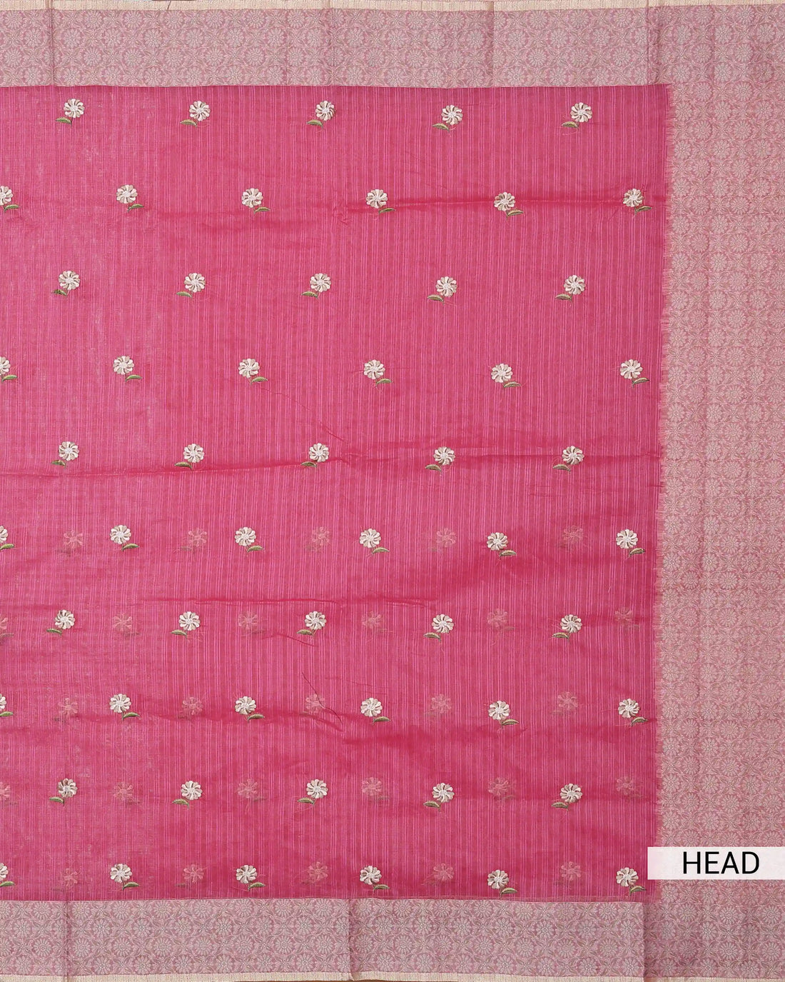 Designer Saree with Checked Body Pattern Delicate Floral Embroidery Contrast Border and Floral Pallu - Pink