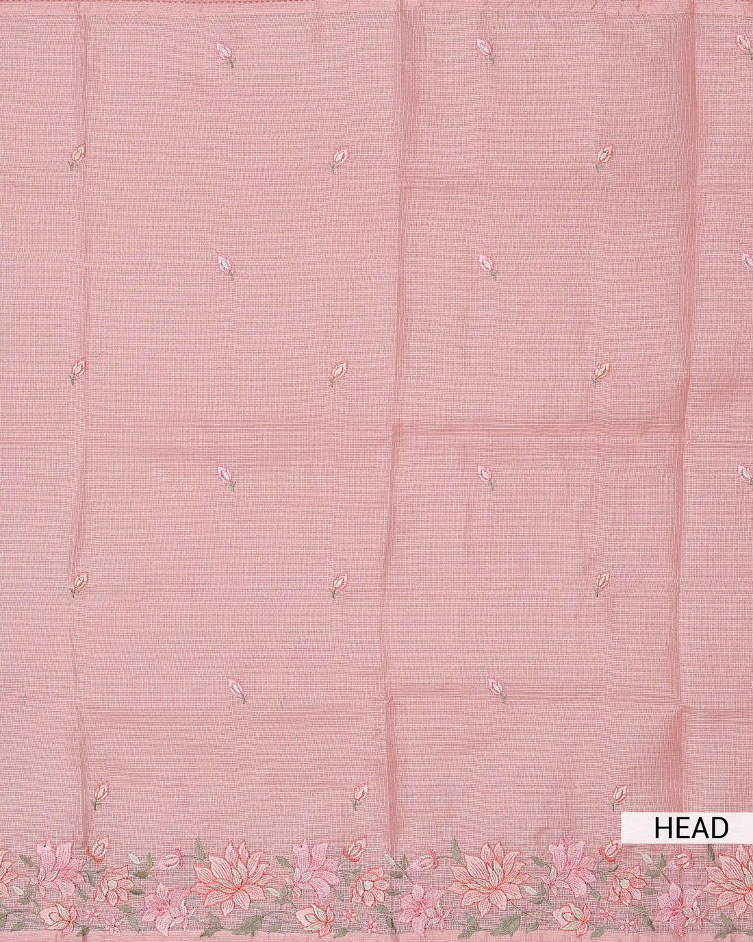 Kota Cotton Saree with Floral Embroidered Border Scattered Leaf Butti Motifs & Delicate Woven Texture - Peach
