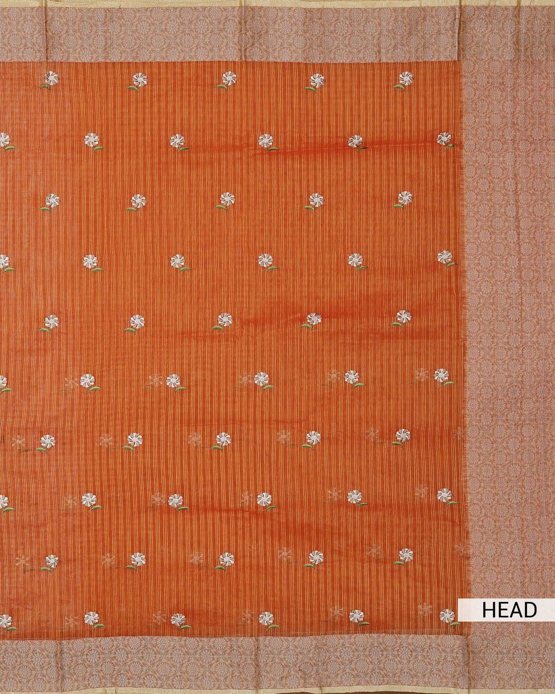Designer Saree with Checked Body Pattern Delicate Floral Embroidery Contrast Border and Floral Pallu - Orange