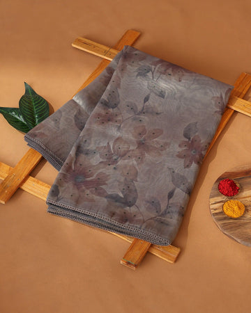 Organza Saree for Women with Floral Print Delicate Sequin Embellishments & Shimmering Border - Grey