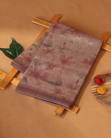 Organza Saree for Women with Floral Print Delicate Sequin Embellishments & Shimmering Border - Brown