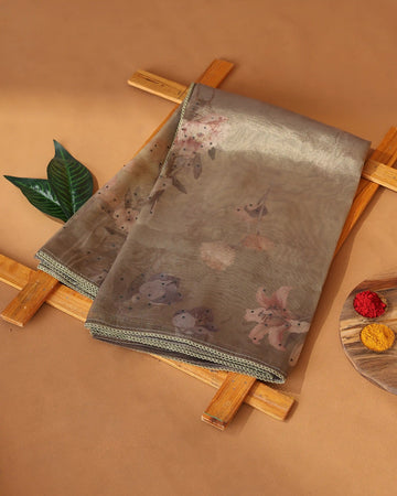 Organza Saree for Women with Floral Print Delicate Sequin Embellishments & Shimmering Border - Light Brown