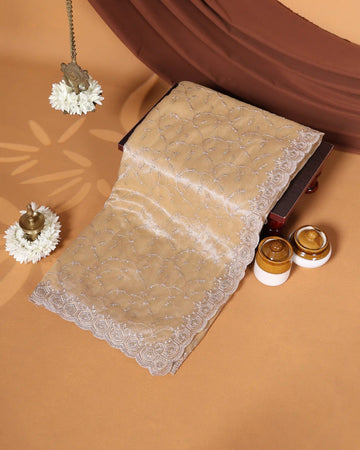 Designer Embroidered Saree with Intricate Silver Floral Threadwork & Scalloped Lace Border - Beige