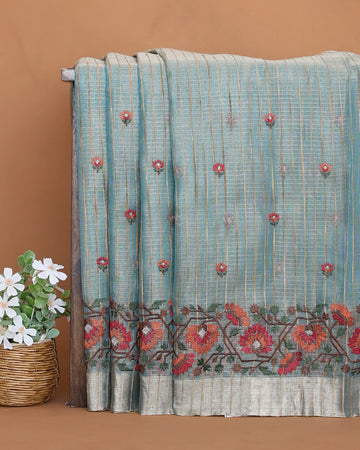 Designer Saree for Women with Striped & Floral Embroidered Body and Intricate Contrast Woven Border - Light Blue