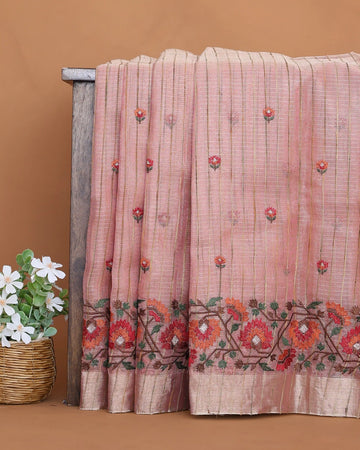 Designer Saree for Women with Striped & Floral Embroidered Body and Intricate Contrast Woven Border - Pink