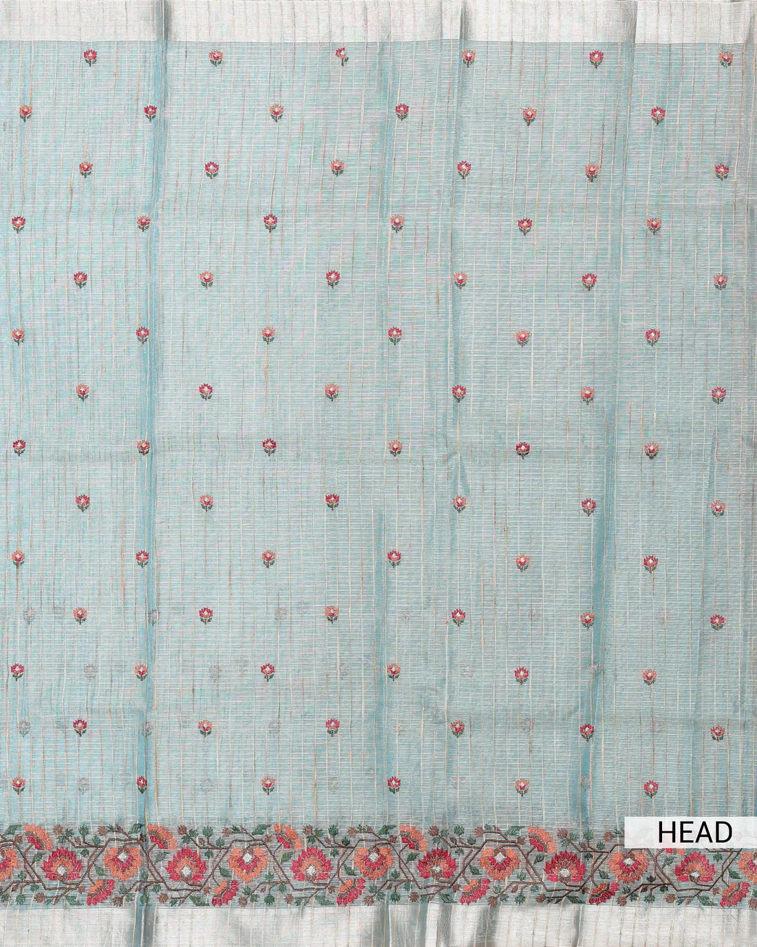 Designer Saree for Women with Striped & Floral Embroidered Body and Intricate Contrast Woven Border - Light Blue