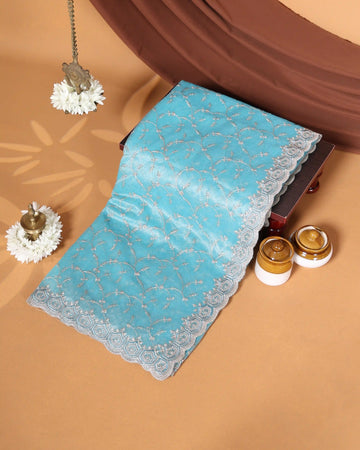 Designer Embroidered Saree with Intricate Silver Floral Threadwork & Scalloped Lace Border - Blue