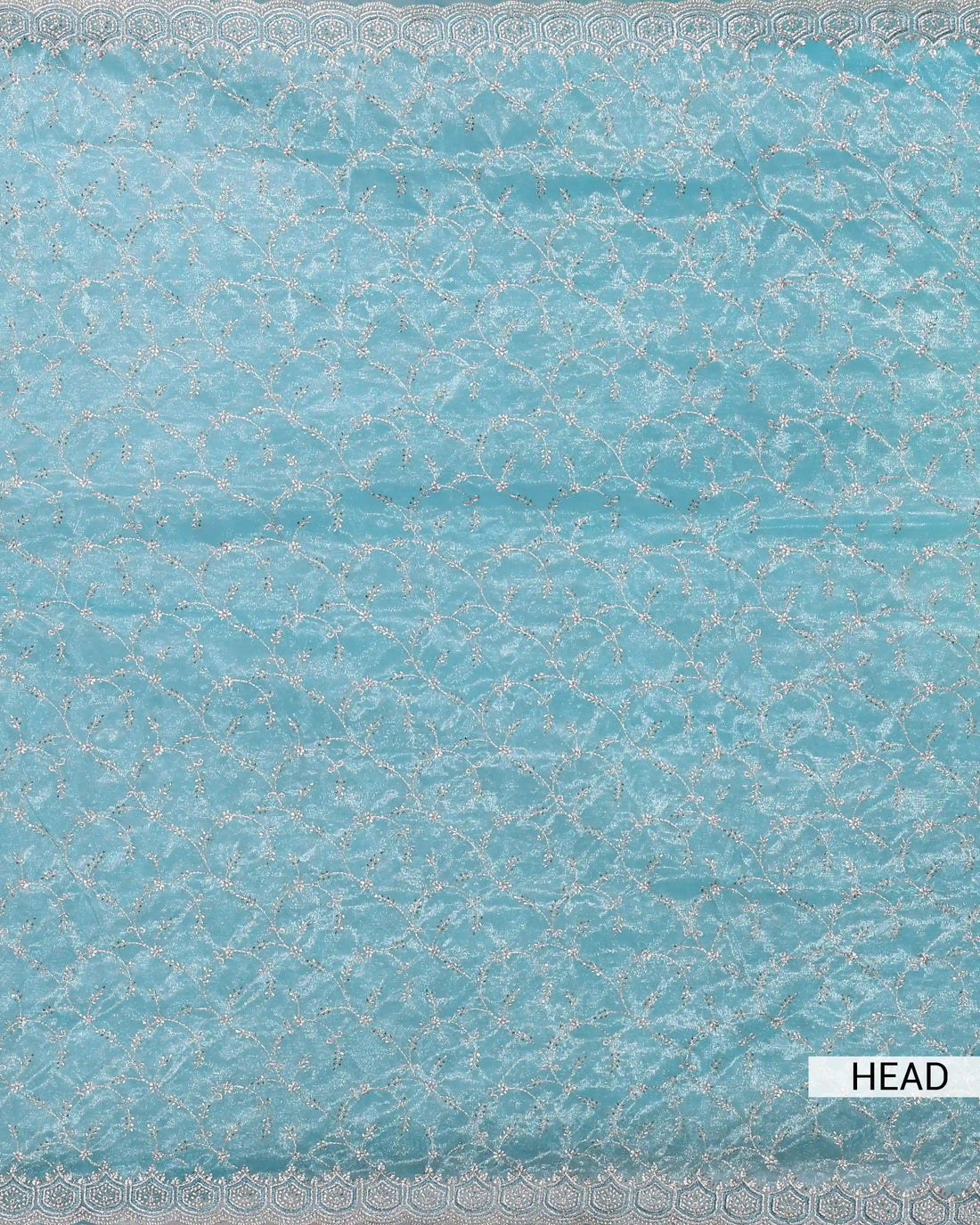 Designer Embroidered Saree with Intricate Silver Floral Threadwork & Scalloped Lace Border - Blue