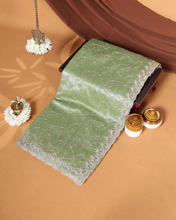 Designer Embroidered Saree with Intricate Silver Floral Threadwork & Scalloped Lace Border - Green