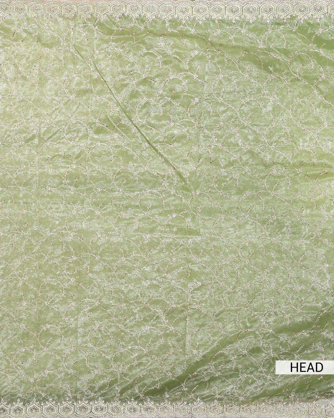 Designer Embroidered Saree with Intricate Silver Floral Threadwork & Scalloped Lace Border - Green
