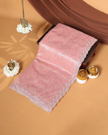 Designer Embroidered Saree with Intricate Silver Floral Threadwork & Scalloped Lace Border - Light Pink