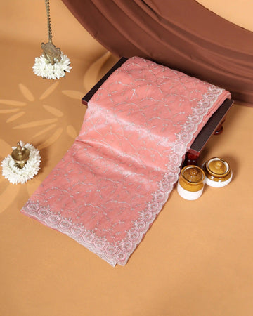 Designer Embroidered Saree with Intricate Silver Floral Threadwork & Scalloped Lace Border - Peach
