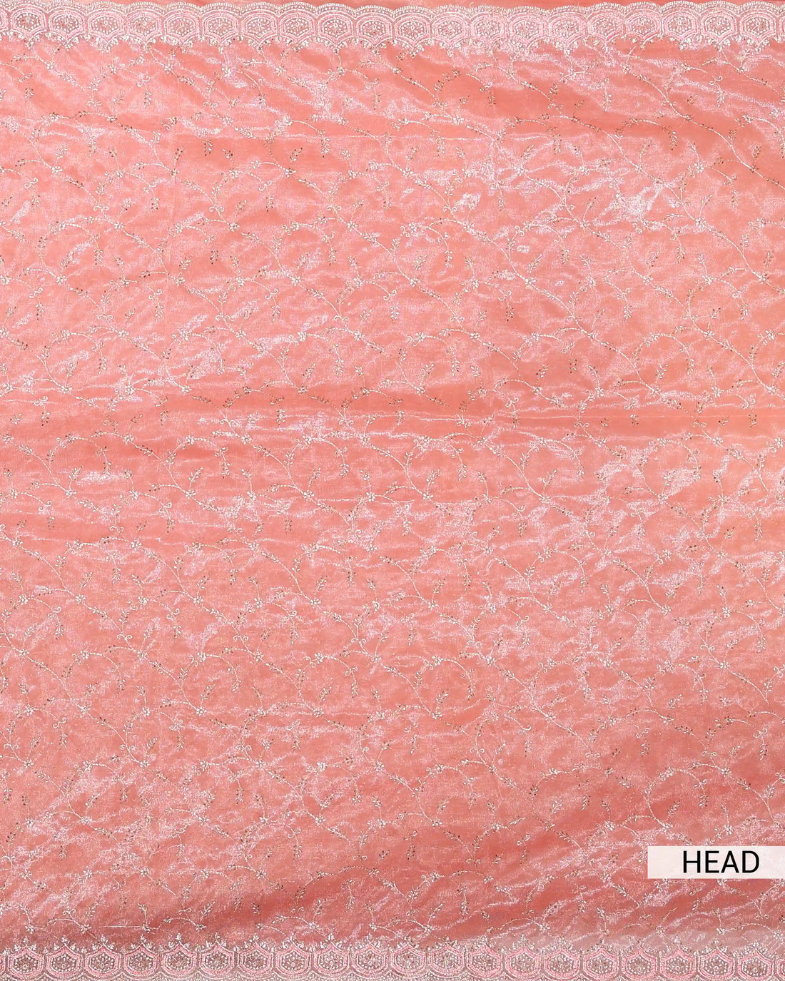 Designer Embroidered Saree with Intricate Silver Floral Threadwork & Scalloped Lace Border - Peach
