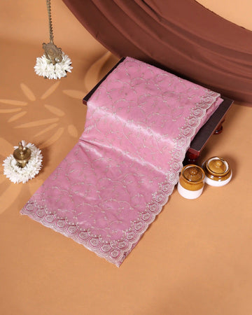 Designer Embroidered Saree with Intricate Silver Floral Threadwork & Scalloped Lace Border - Pink